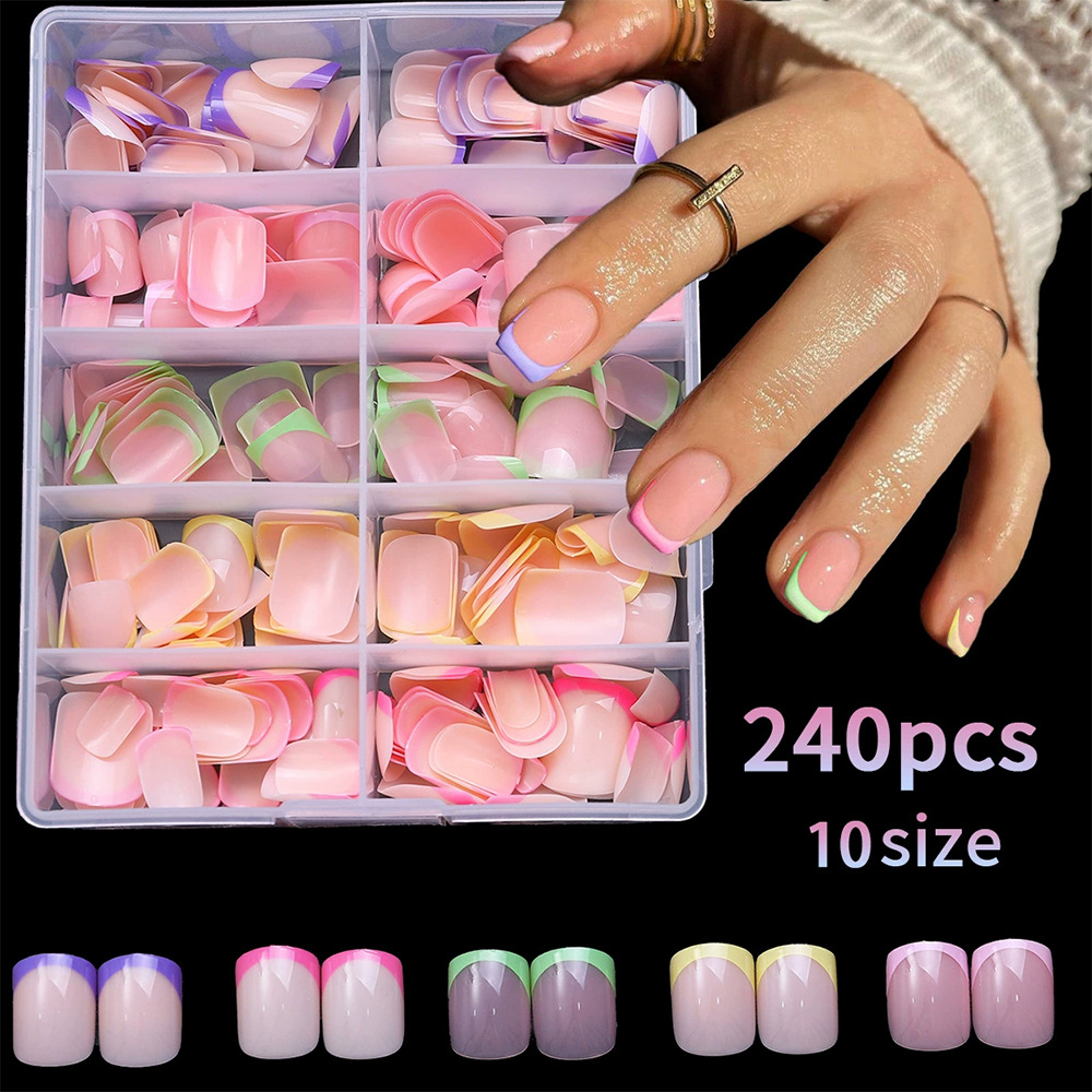 TEMU 240pcs Colorful French Wearable Short Nails Detachable Glossy Simple Nails, Short French Tip Press On Nails, Nail Art Accessoires, Cute Press On