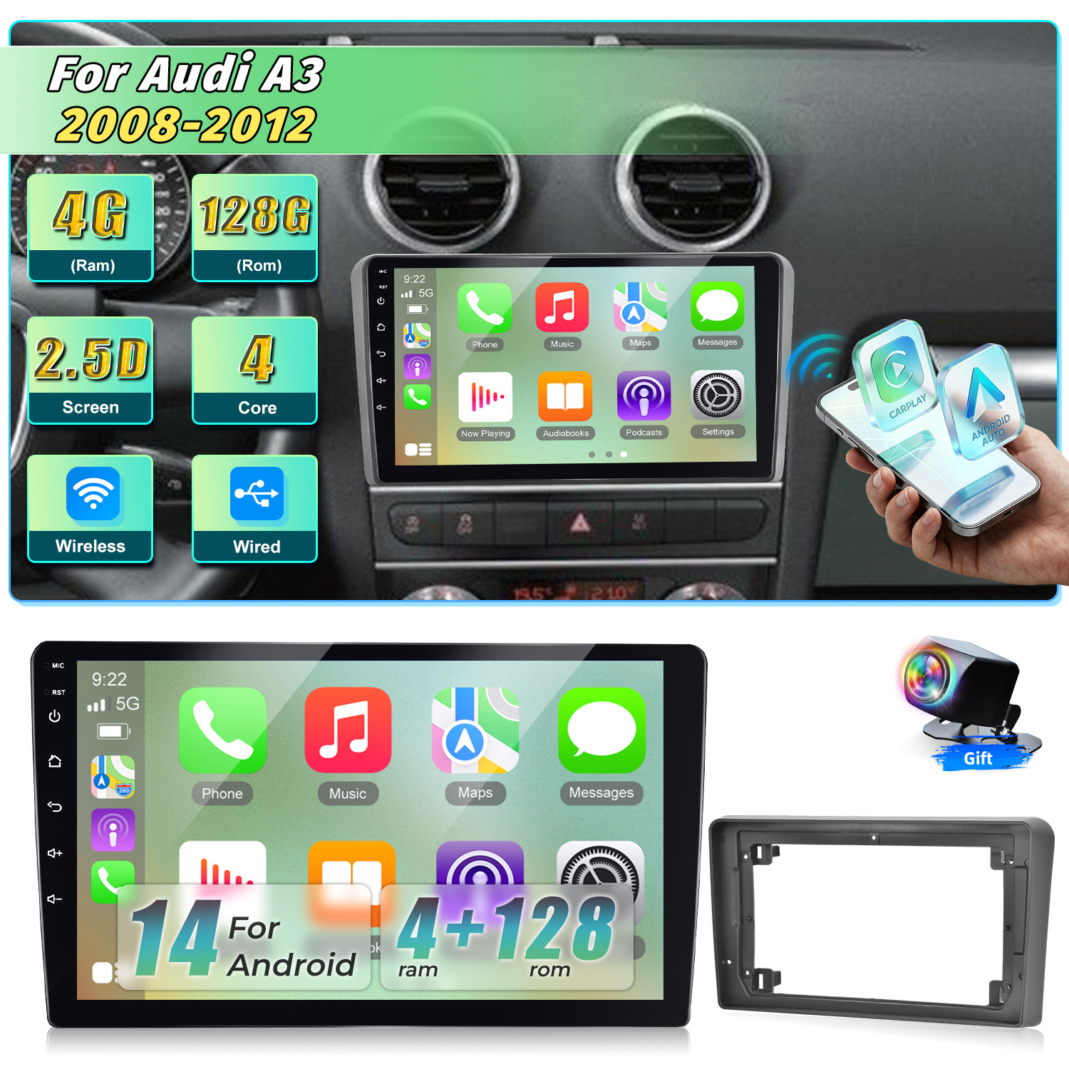 Image of 4g+128gb 9' 14 Car Stereo For A3 2008-2012 - Radio With Auto, Navigation, Gps, , Bluetooth, Fm/rds/eq, Wi-fi, Steering Wheel Controls, And Rearview Camera + Car Frame