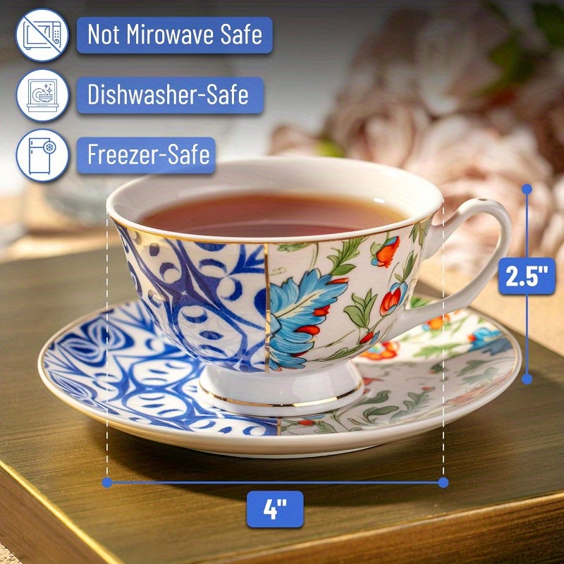 btat set of 6 vintage   floral porcelain tea cups & saucers - 8oz elegant   bone china-style cups with dishwasher safe design, microwave & freezer safe, stackable for space-saving storage - ideal for tea, coffee, home or gifting, coffee drinks,  , durable saucers,    , drinkware set, coffee enthusiasts, gift   Product details 3