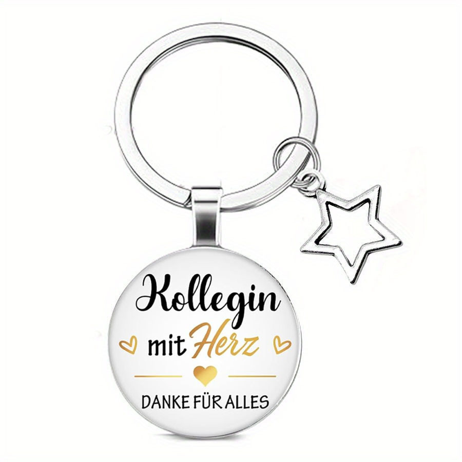 German Inspirational Keychain, Alloy Heart & Star Charm, "kollegin Mit Herz" Engraved, Time Gemstone Design, Durable Key Ring Accessory