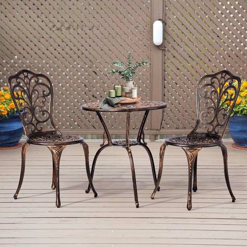 2pcs pattern cast iron single chairs and 1pc round table antique bronze set durable outdoor furniture for patio garden camping patio furniture sturdy construction weatherresistant material patio