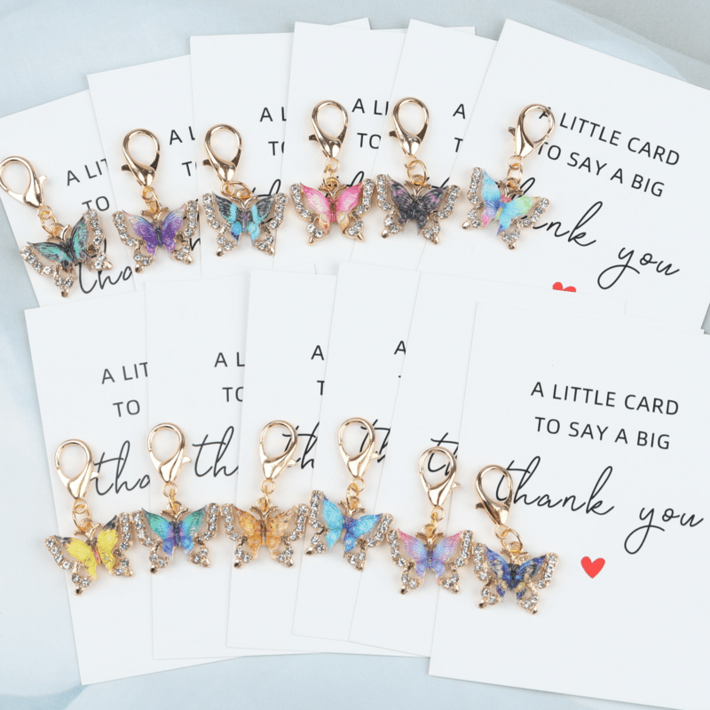 E-shop Geschenk für Sie/Ihn 12-teiliges bezauberndes Schmetterling-Schlüsselanhänger-Set, "Danke"-Taschenhüllen mit Motiv. Einzigartige