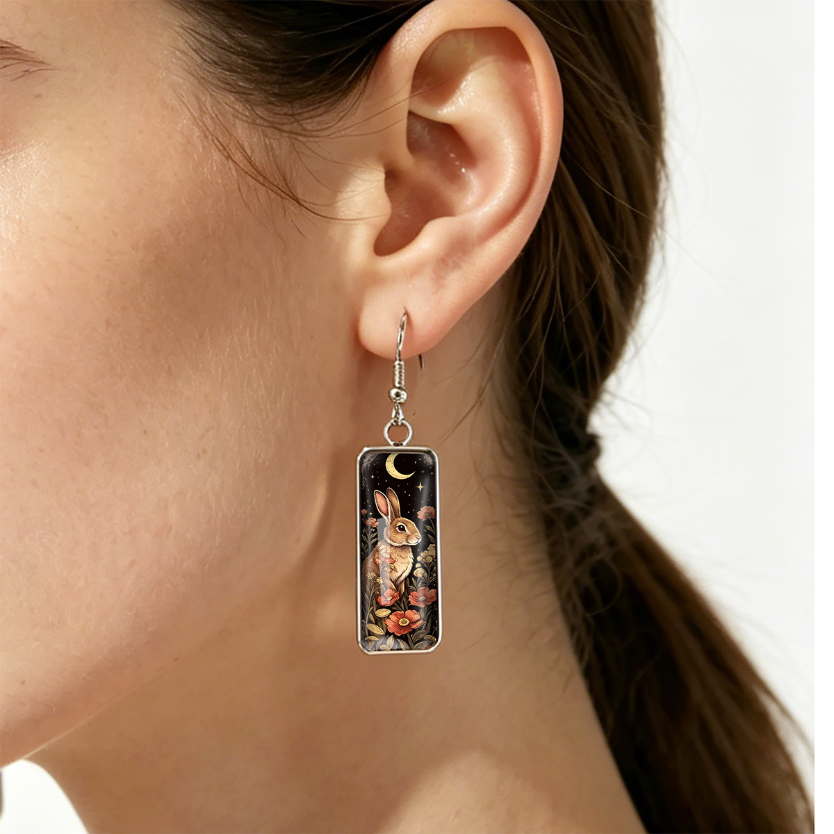 Women's Vintage Hand-Drawn Bunny & Starry Forest Stainless Steel Earrings