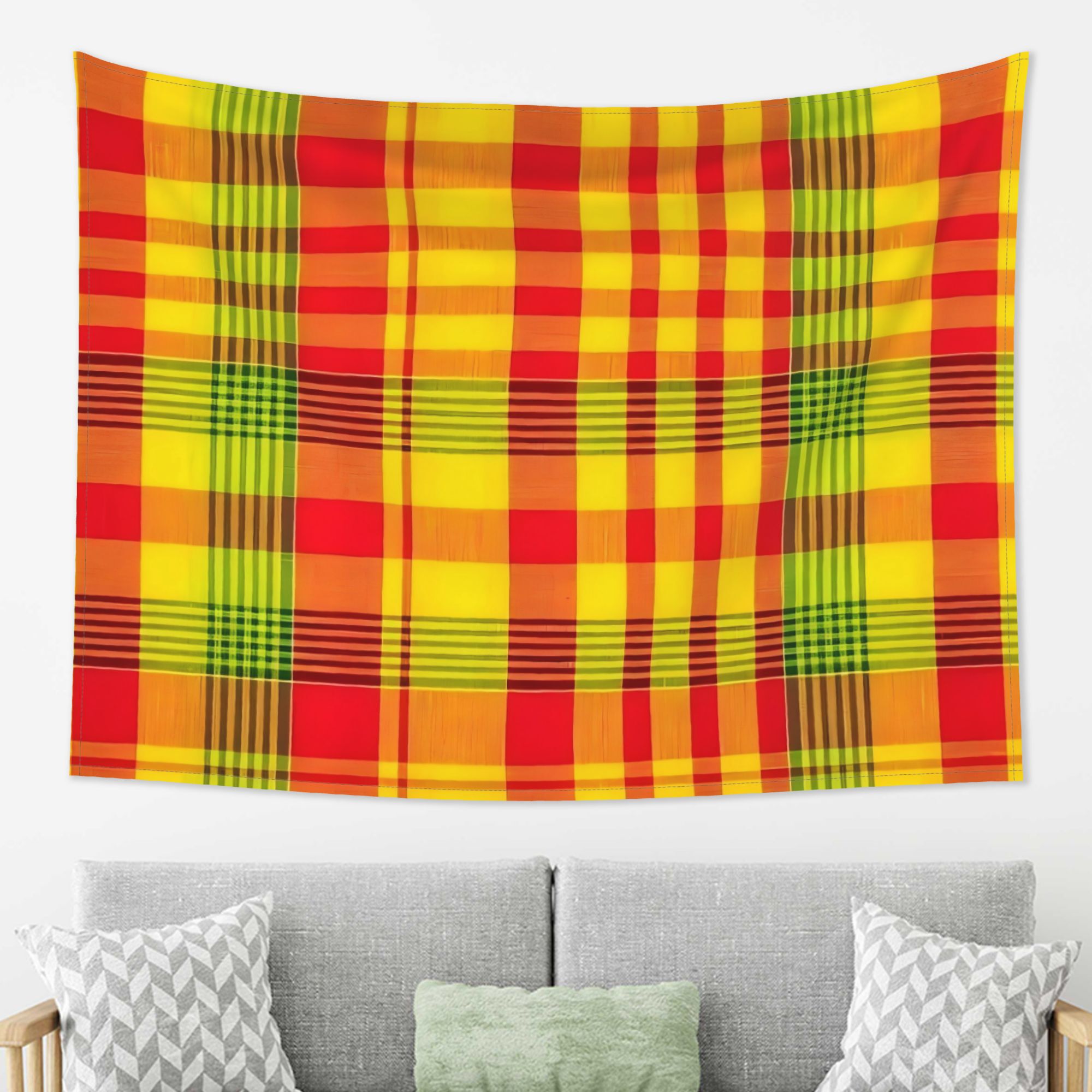 TEMU Tapisserie Motif Madras à Carreaux Rouge Jaune Vert, Design Inspirant, pour Divers Festivals, Cadeau Tapisserie Parfait, Décoration Murale pour