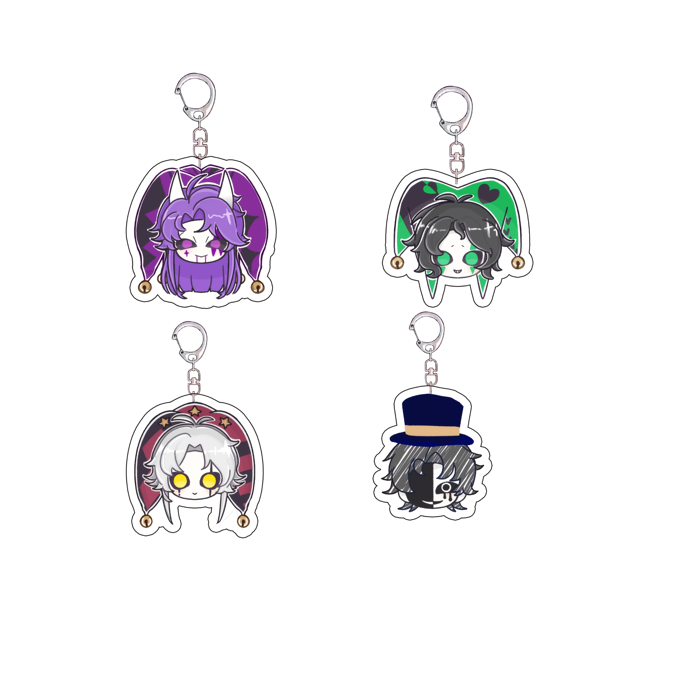 TEMU 2d Flat, 2d Flat 4pcs Acrylic Keychain Set - Anime Acrylic Keychains / 4pcs Set / Purple-haired Clown / Green-faced Clown / Yellow- Clown / Top