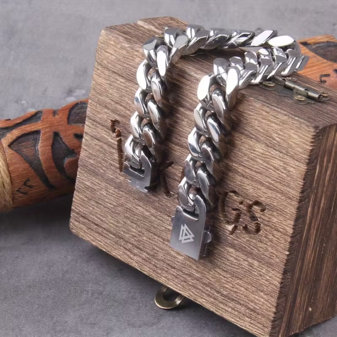Men's Viking Odin Cuban Chain Necklace, Stainless Steel