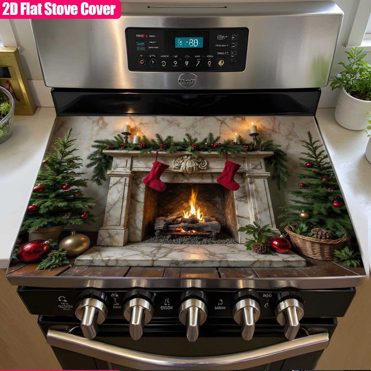TEMU 1 pièce, Couvercle de Cuisinière Électrique Décoré de Noël avec Cheminée Brûlante, Bas de Noël et de Noël, Pièces de Remplacement pour Plaque de
