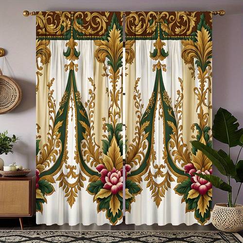 luxurious golden and green floral pattern curtain panels 2 set flannel printed curtains suitable for living room semi sheer machine washable rod pocket curtains decorative unlined fabric