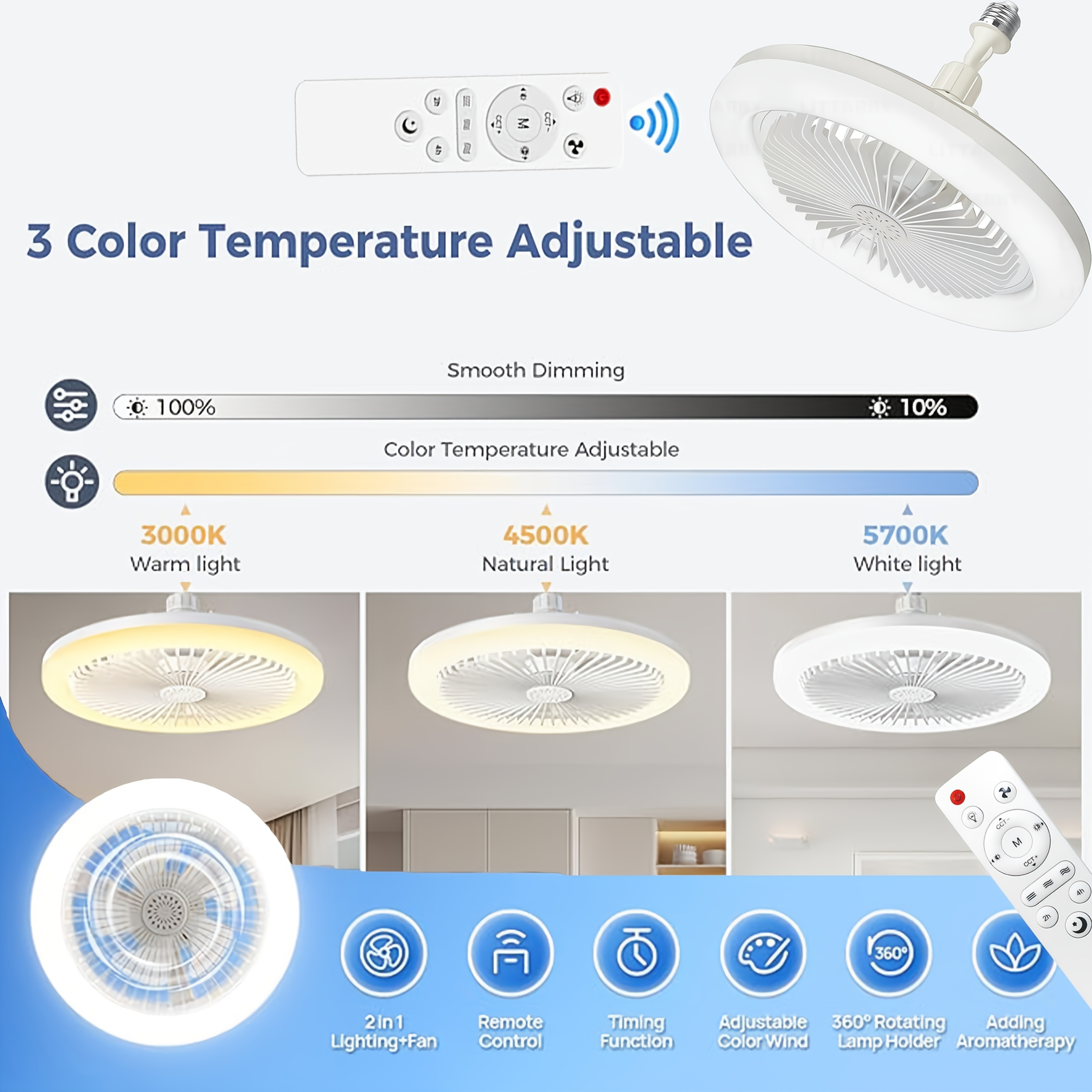 26cm modern fan light with remote - enclosed low , , strong swimming-like wind, 3-speed fan & dimmable led lighting (white/warm/cool daylight), timer function, e26/e27 base - hardwired for bathroom, bedroom, kitchen - voltage 85-265v, bedroom cooling, contemporary fixture, motor, interior designers Product details 5
