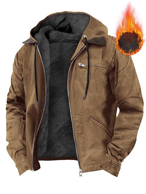 mens retro style oversized hooded fleece lined zipper jacket for fall winter featuring 350 gsm fleece lining and front pockets this solid color casual fleece jacket is
