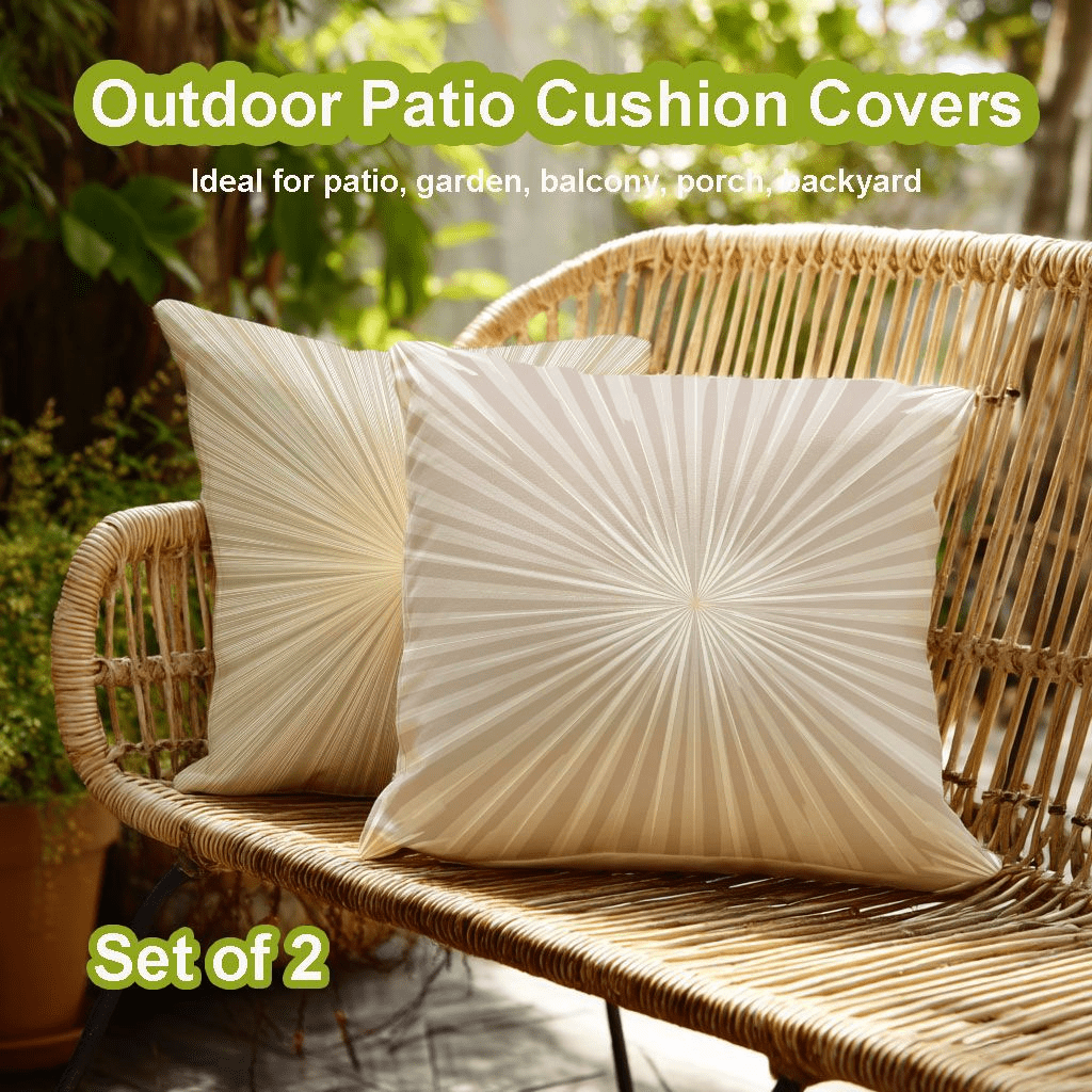 Set of 2 Light Beige Outdoor Cushion Covers, Decorative Throw Pillow Cases for Patio, Garden, Balcony, Yard, 45.72X45.72 cm, Soft Durable Polyester, Pleated Design for Enhanced Outdoor Comfort