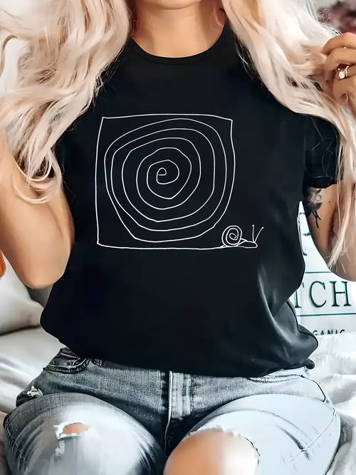 plus size womens plus size 0xl 8xl crew neck short sleeve t shirt casual top with snail line art and letter print comfortable medium stretch fabric opaque material daily versatile apparel machine washable