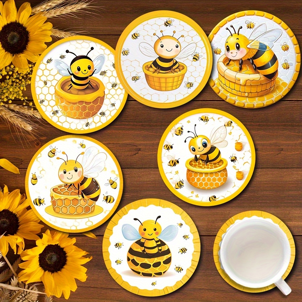 TEMU 6pcs Wood Coasters Suitable For Drinks, Coffee, Tea - Table Protectors With Bee-themed Design, Beehive Coaster Holders For Home, Office, Party