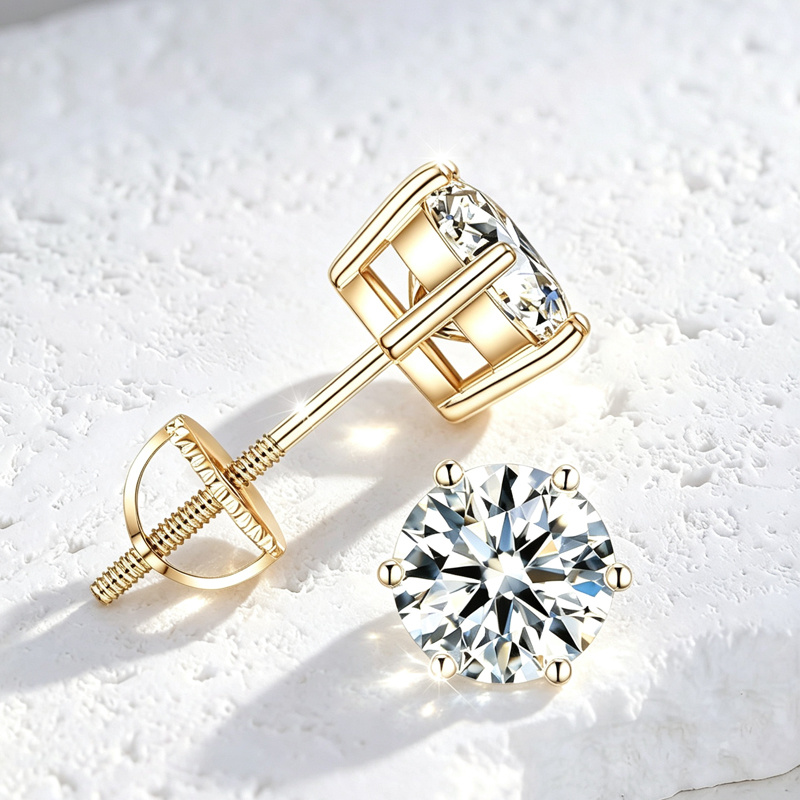 Image of A Pair Of 925 -pronged Round Moissanite Earrings (0.3/0.5/1/2 Carats), Suitable For Daily Commuting, Vacation, Valentine's Day, , Birthday, Anniversary, Christmas And New Year Gift-. With A Gift Box.