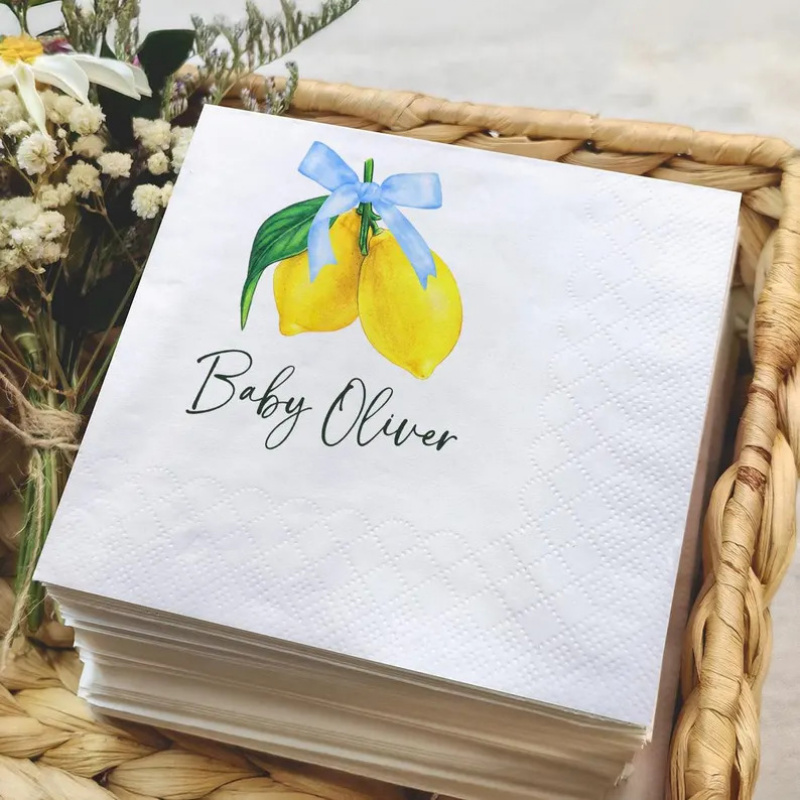 TEMU Serviettes de baptême personnalisées, décorations de baby shower personnalisées sur le thème du citron, motif citron, style fruits , simple et ,