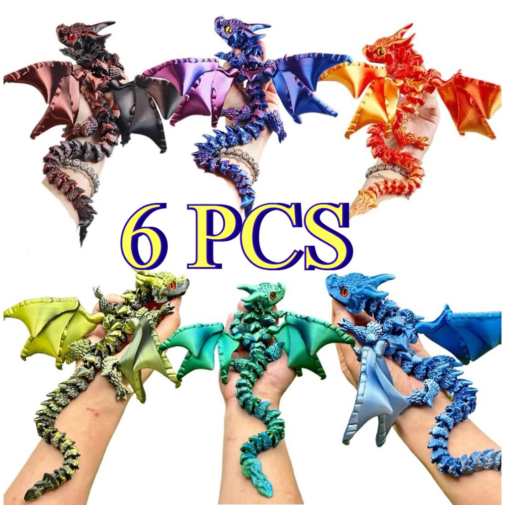 6-pack 24.5cm/9.65in 3d Printed Dragon Figurines, Articulated Action Figures, Mythical Winged Creatures With Random Eye Colors, Collectible Display Models