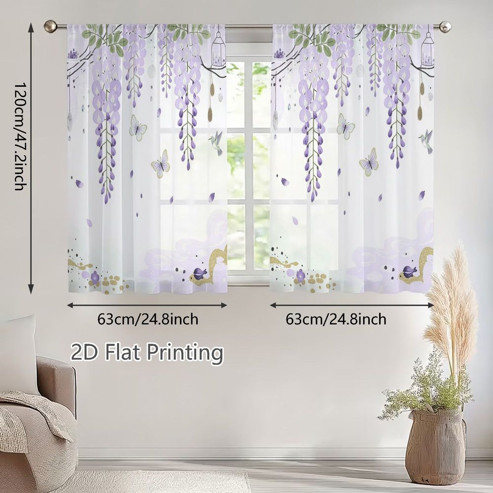 TEMU Rideaux de fenêtre semi-transparents 2D plats, 2 pièces, à passe-tringle avec glycines lavandes et panneaux, panneaux filtrants pour salle à