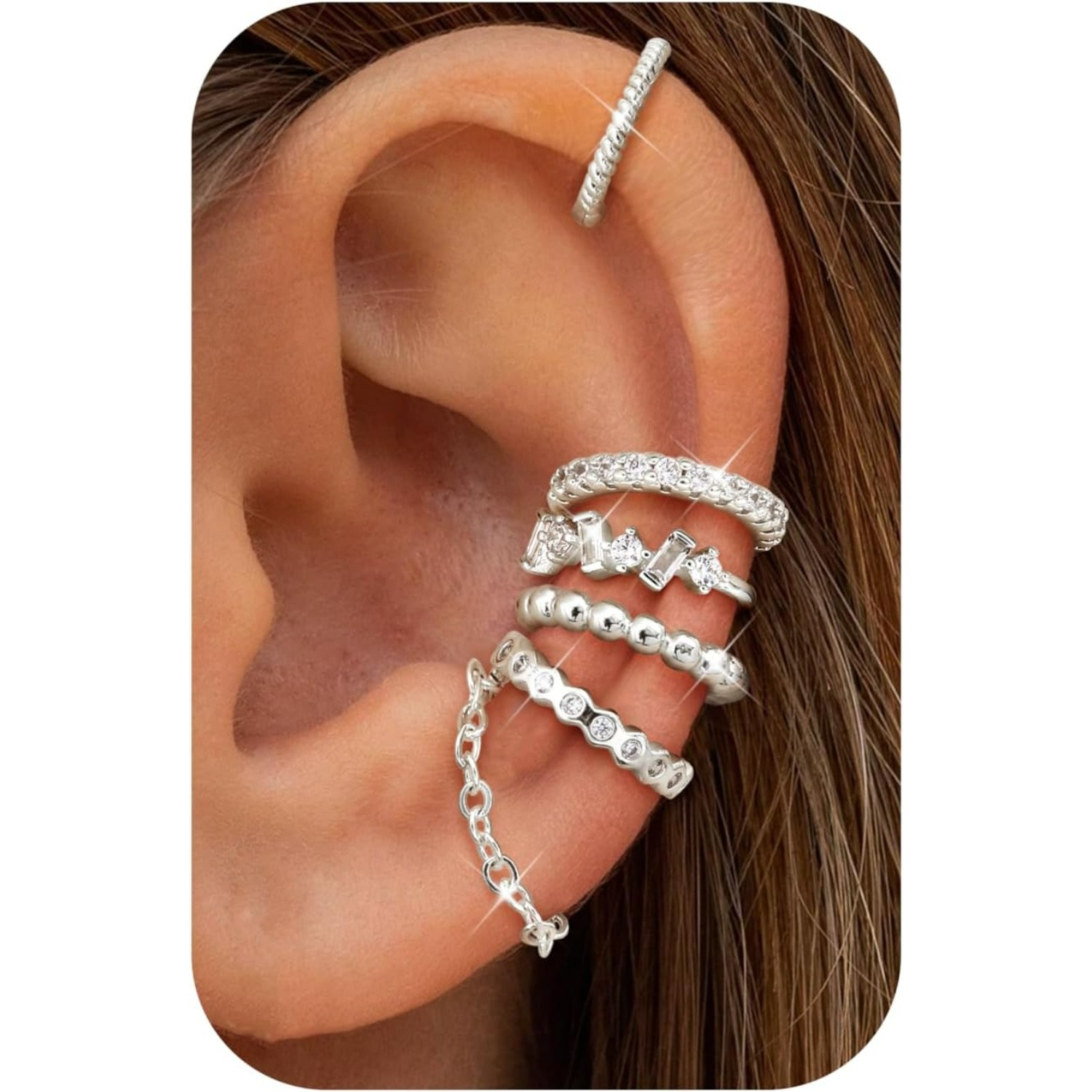 Image of Set Of 5 Ear Cuffs For Women, No Piercing Required, Clip-on Helix Style, Wrap Around Design, Faux Earrings For Cartilage