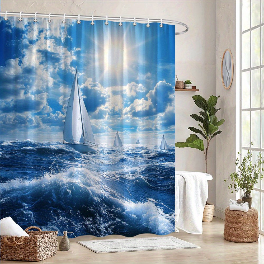 Nautical Sailing Bath Curtain with Hooks