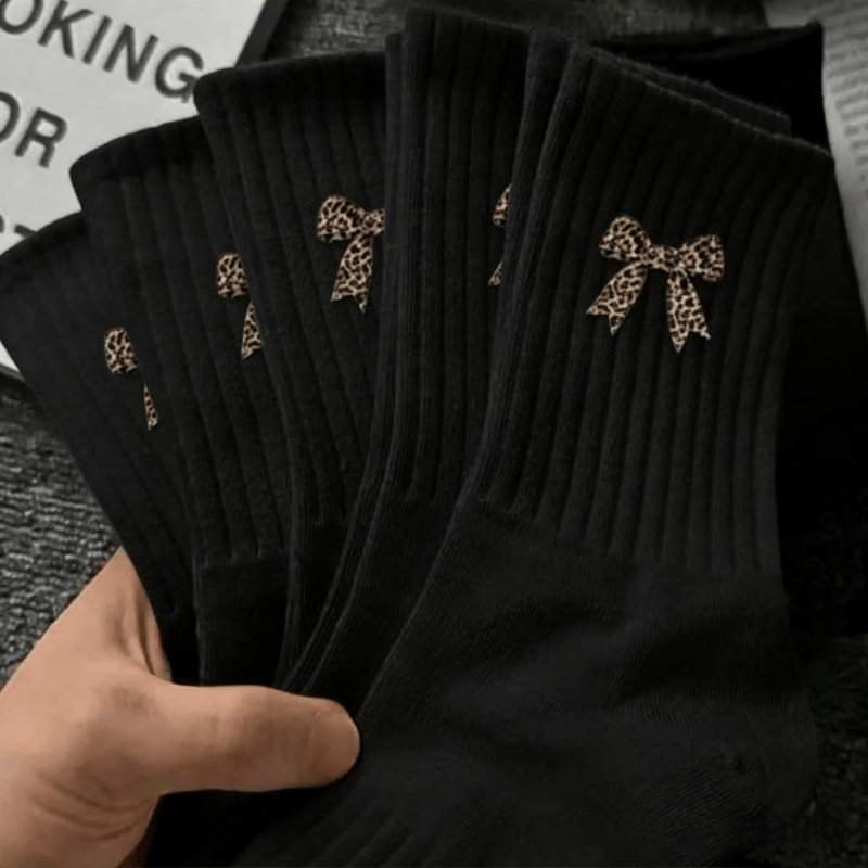 5-pair Leopard Print Bow Black And White Mid-calf Socks | Black And White Options | Random Color Option | Sweet And Edgy Style Versatile Slouch Socks