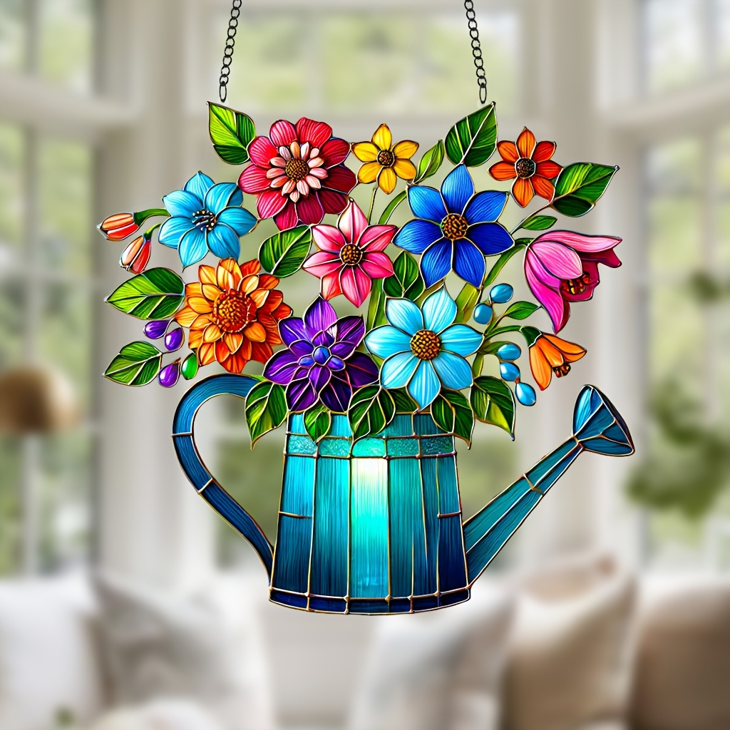 

1pc Of Bright Acrylic Flowers And Sprinkling Can (8 "x7.5")- Stained Hanging Decoration, Suitable For Home, Garden, Kitchen, Office-ideal Housewarming Gift