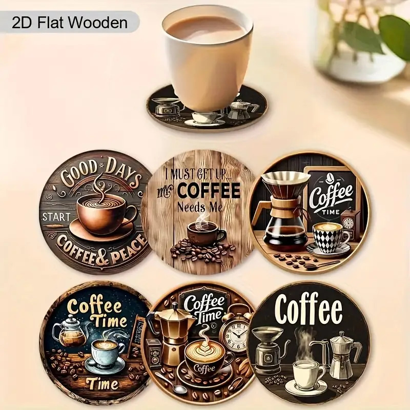 E-shop 6er-Set Vintage Kaffeezeit Holzuntersetzer - Hitzebeständige, matte Oberfläche, Kaffee-Design, Ideal für Zuhause, Küche, Büro, Bar, Restaurant