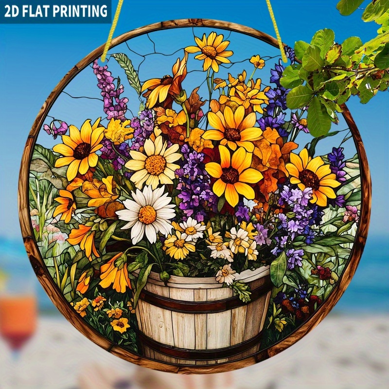 E-shop 2D Flach, 1 Stück Rustikaler Holzfass Sonnenblumen-Sonnenfänger, 7.87x7.87 Zoll Rundes Acrylschild im Farbglas-Stil Fensterhängedekor, Lebhafte