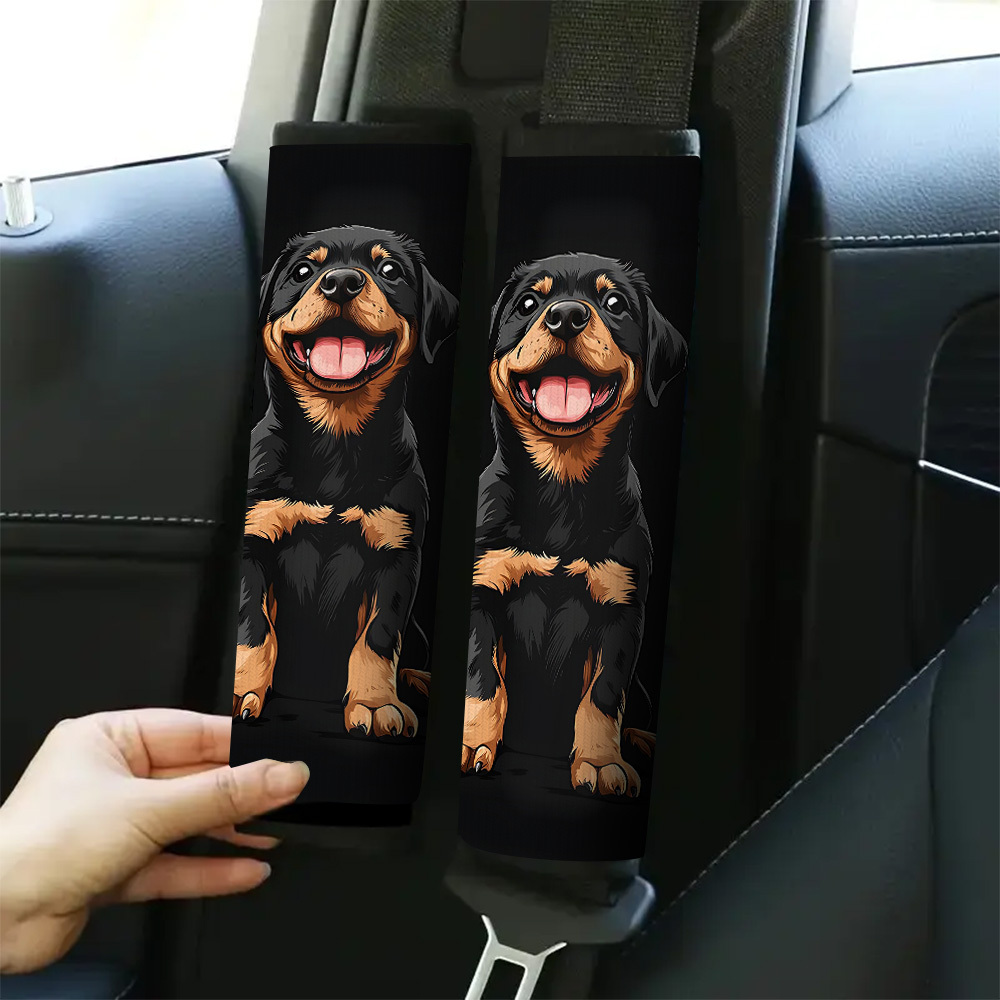 TEMU 1 stuks/2 stuks, Smiley Zwarte Rottweiler Hond Print Autogordel Schouderbeschermers, Interieur Auto Accessoires, Schouderband Beschermers,