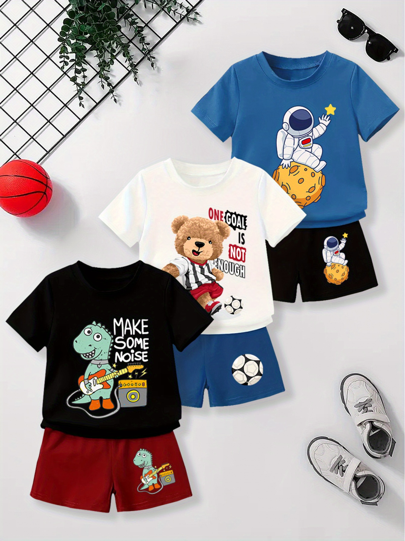conjunto de verão de 6 peças para meninos - camisetas e shorts com   de dinossauro,   de futebol e astronauta na moda - mistura de poliéster confortável,   redonda, roupa casual, perfeito para atividades ao ar livre