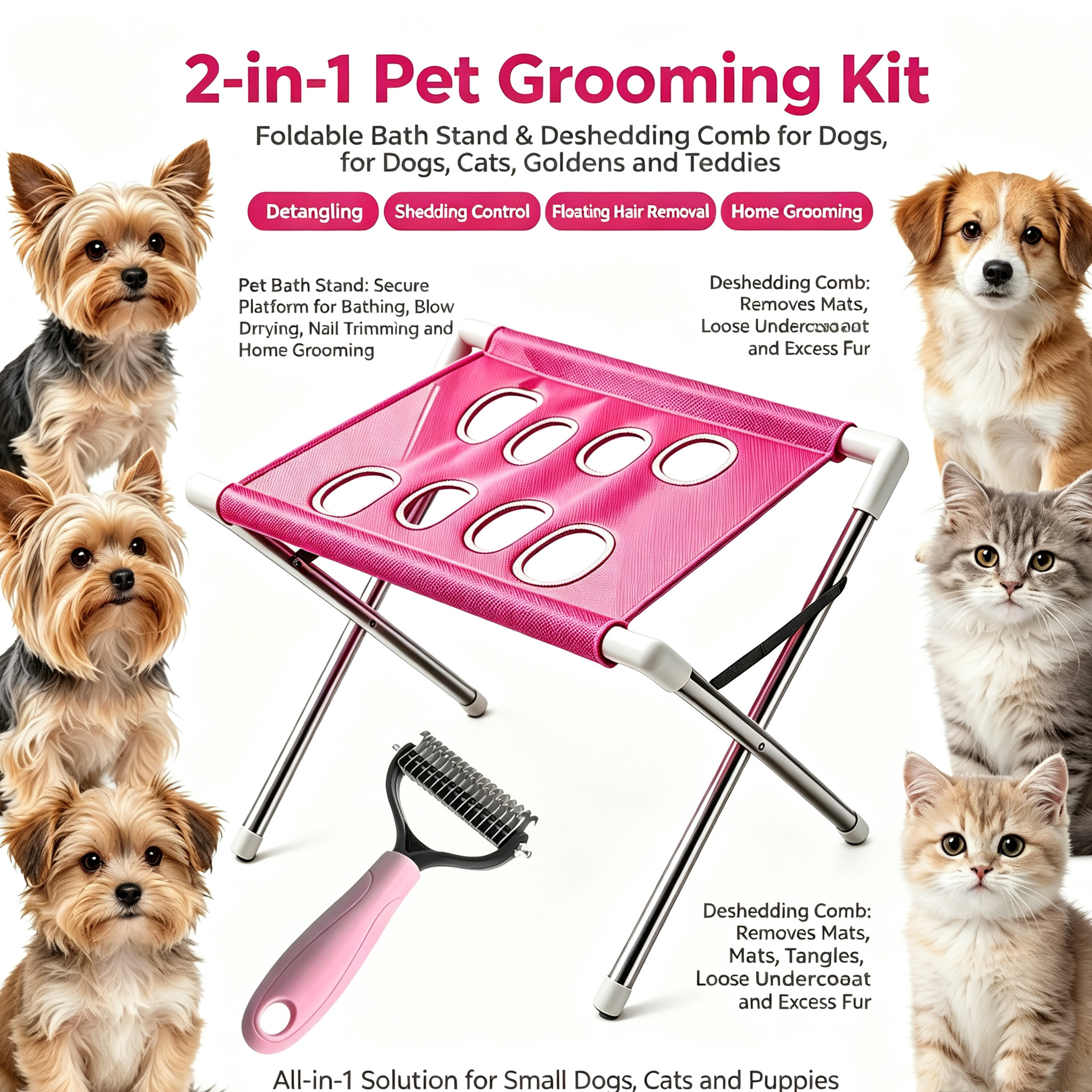 TEMU Moonxian Foldable Pet Bathing Stand With Hair Remover Brush & Non-slip Base - Breathable Mesh Suitable For Cats And Small Dogs, Space-saving