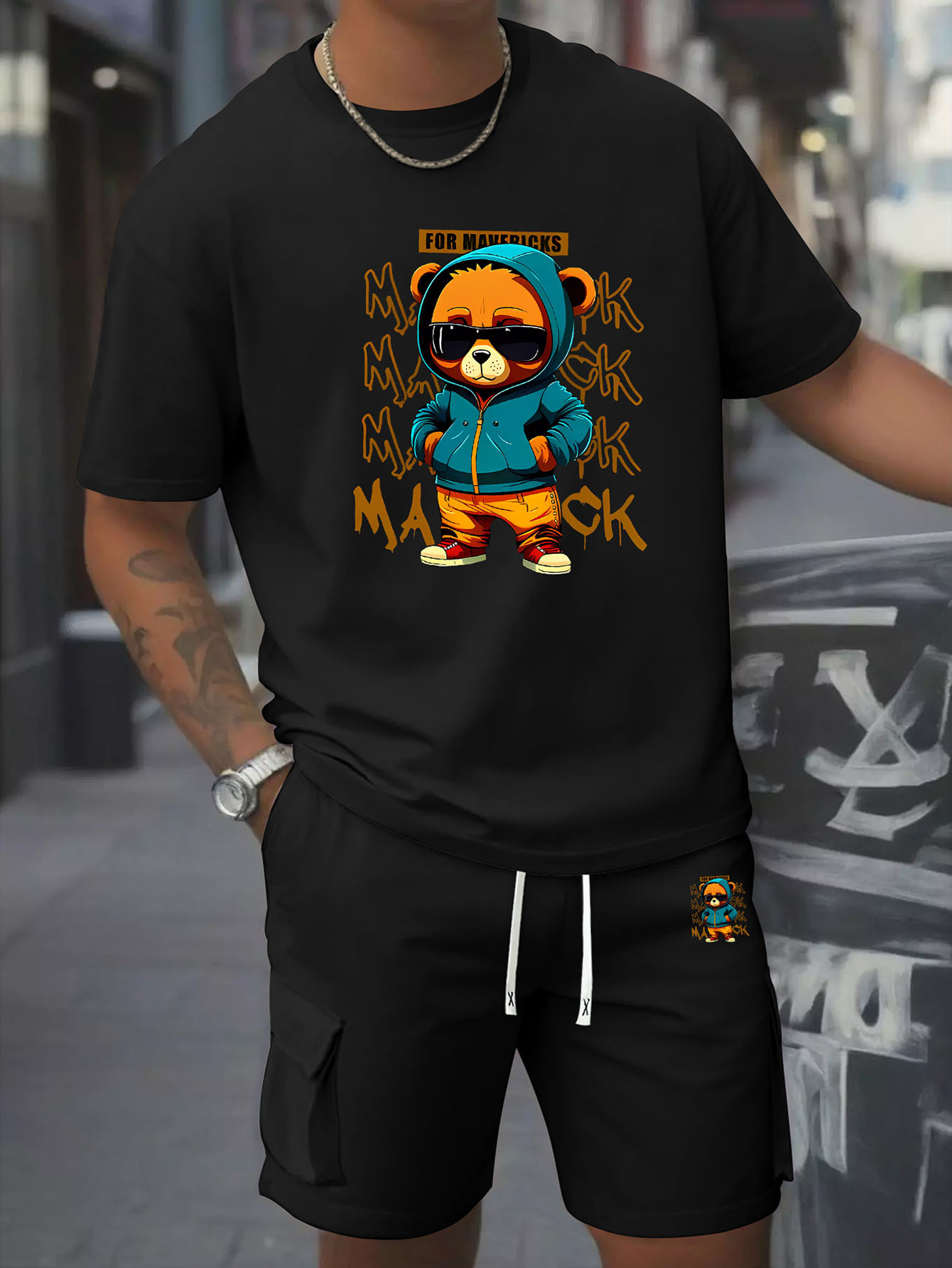 Men's Two-Piece Set with Loose Cotton T-Shirt and Work Pants