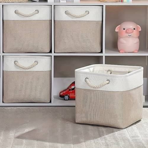 4 pack large capacity foldable storage cubes fabric organizer bins w handles for closet underbed and xmas halloween birthday and new year gift white beige shelf baskets