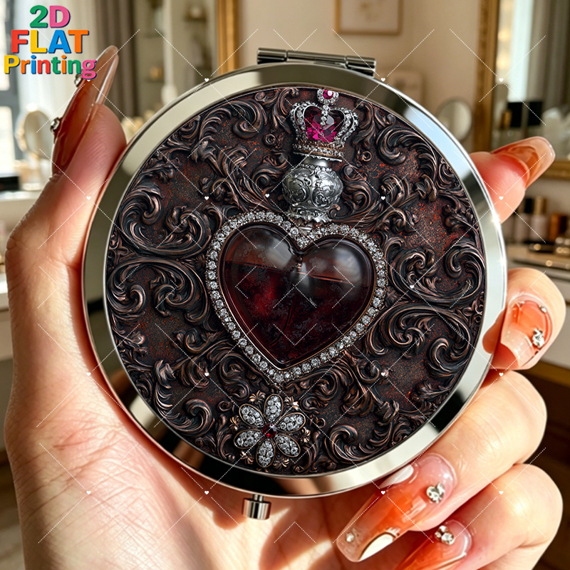 TEMU 2d Flat 1pc Portable Makeup Mirror With Vintage Heart Accents And Sparkling Diamonds Perfect For Wedding Gifts Birthday Gifts Travel Essentials