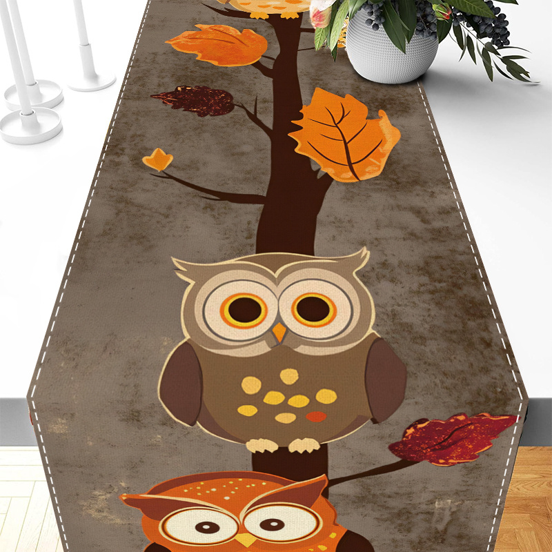 1pc Autumn Owl & Maple Leaf Table Runner - Cute Cartoon With Fall Foliage Design, Durable Polyester Kitchen Dining Decor, Thanksgiving Halloween Home Decoration, Table Protector Gift, Owl Home Decor