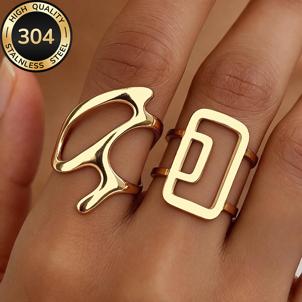2pc Women's Golden Stackable Open Ring Set, Elegant Design