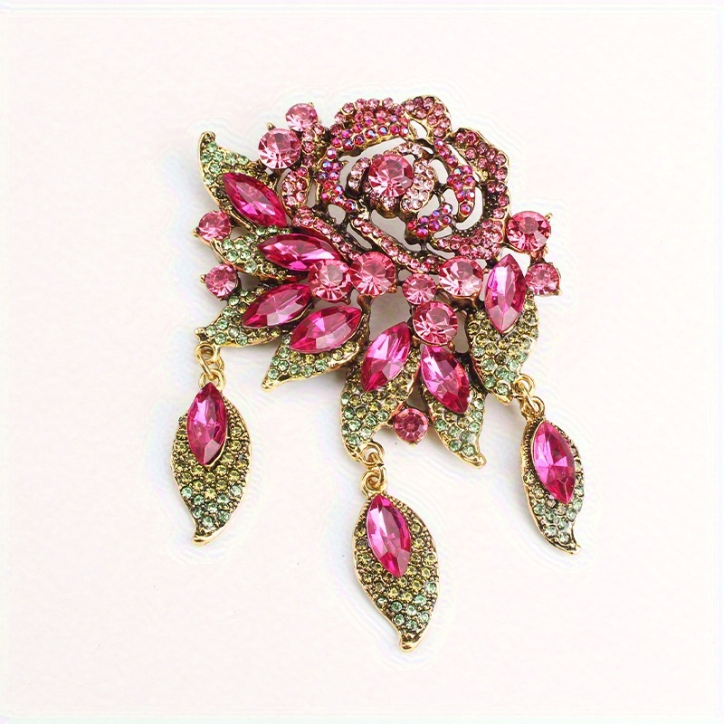 TEMU Vintage Rhinestone Rose Brooch With Tassel - Lapel Pin, Women's Fashion Jewelry Gift