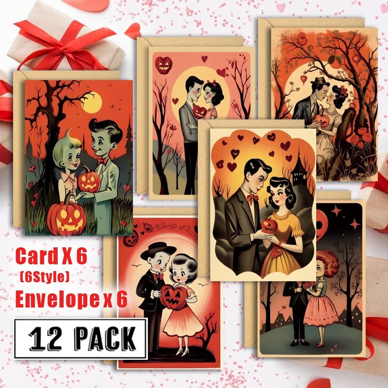 

12 Pack Vintage Horror Valentine's Day Greeting Cards With Envelopes, Retro Themed Party & Kitchen Scene Cards, Paper Material, No Electricity Needed, For New Year, Birthday, Anniversary, Christmas