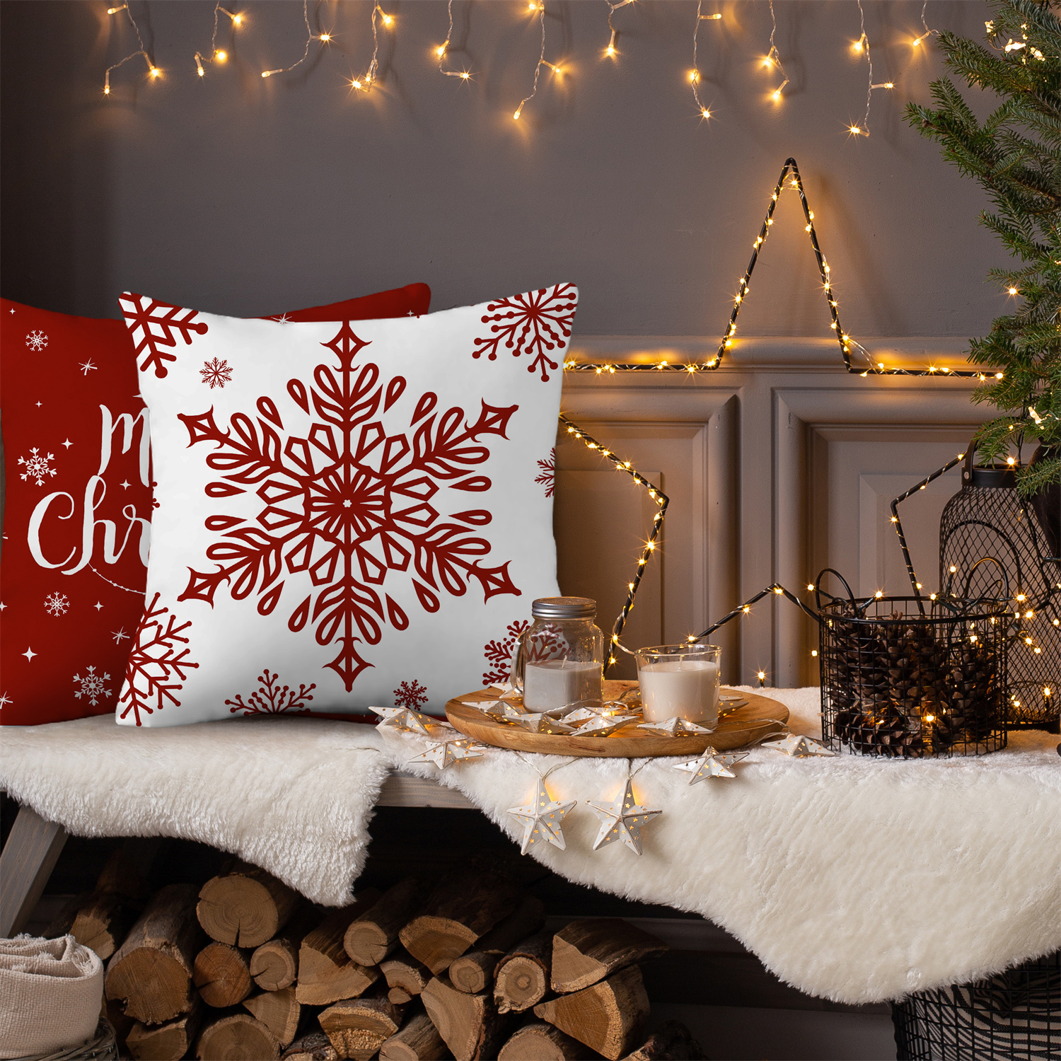 4pcs Christmas Throw Pillow Covers - Merry Christmas Christmas Tree Snowflake Christmas Ornament Designs, Zip Closure, Farmhouse Winter Holiday Decorative Cushion Case for Bedroom Sofa Couch