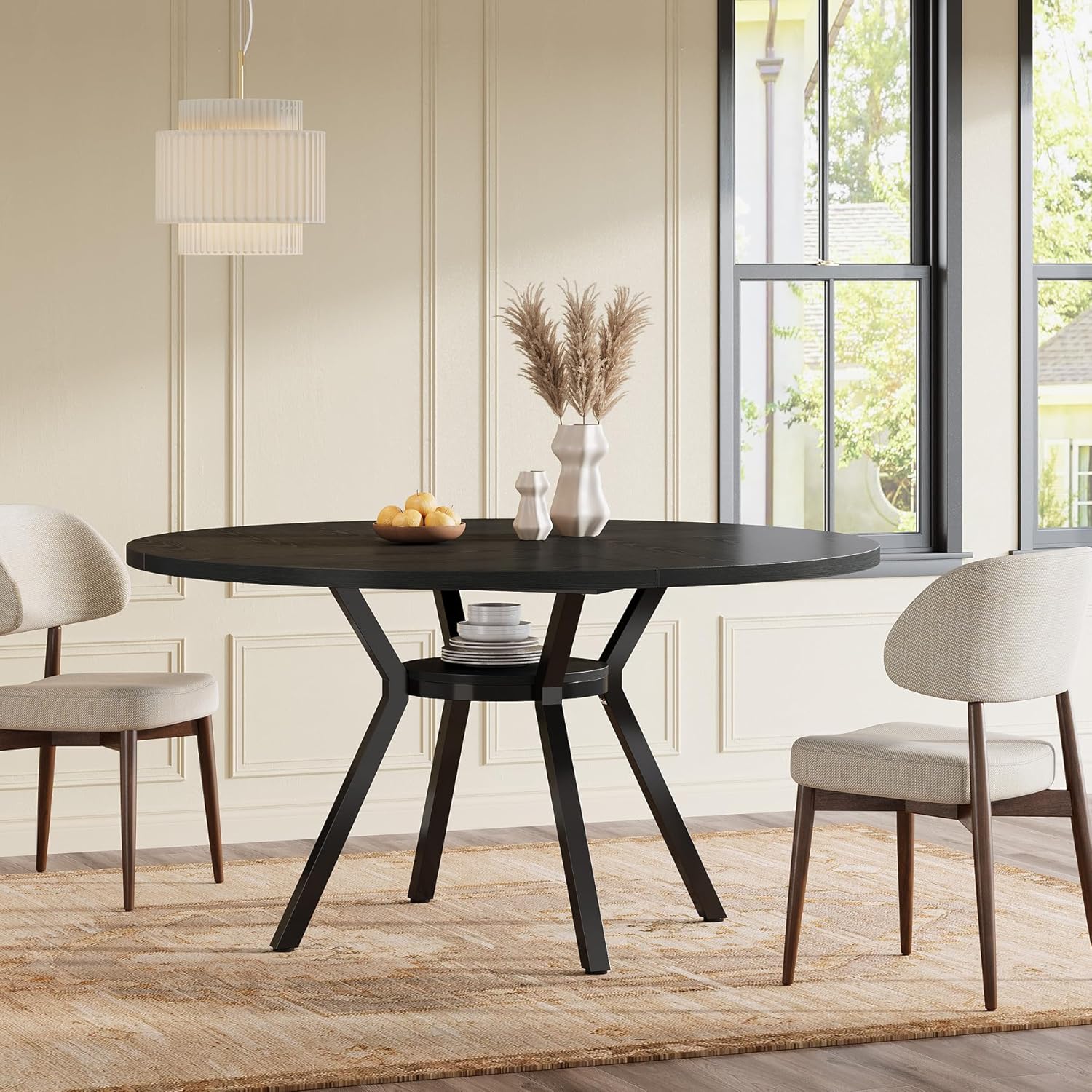 Image of Round Dining Table For | 120cm Farmhouse Style With Metal Base, Weather Resistant, Wood Top, Storage Compartment, Black - Fnova
