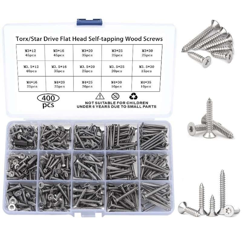 E-shop 400-tlg. selbstschneidendes Schraubenset, Edelstahl-Versenkschrauben mit Torx-Antrieb, M3/M3.5/M4 Holz- Trockenbauschrauben mit Bohrung,