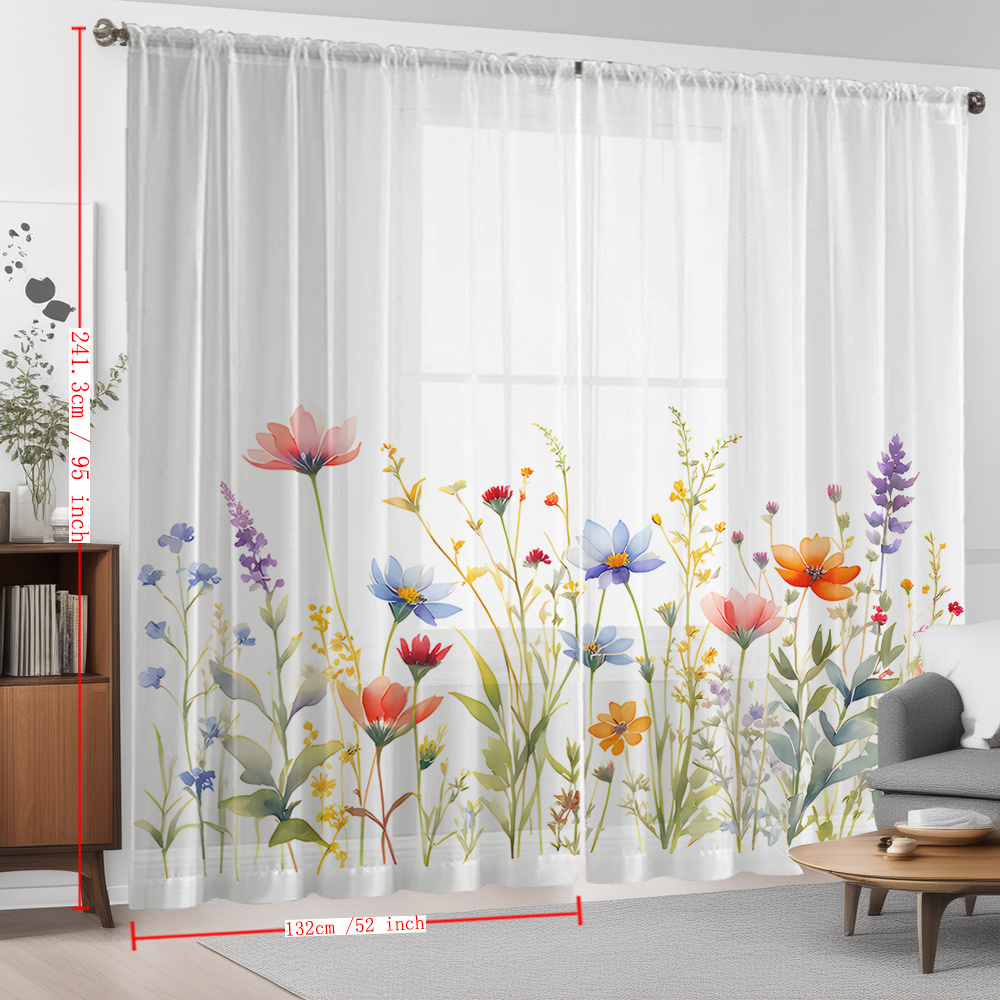 TEMU 2pcs Home Decoration Curtain Spring Wildflowers Floating Window Curtain Suitable For Kitchen, Coffee Shop, Living Room, Dining Room, Balcony,