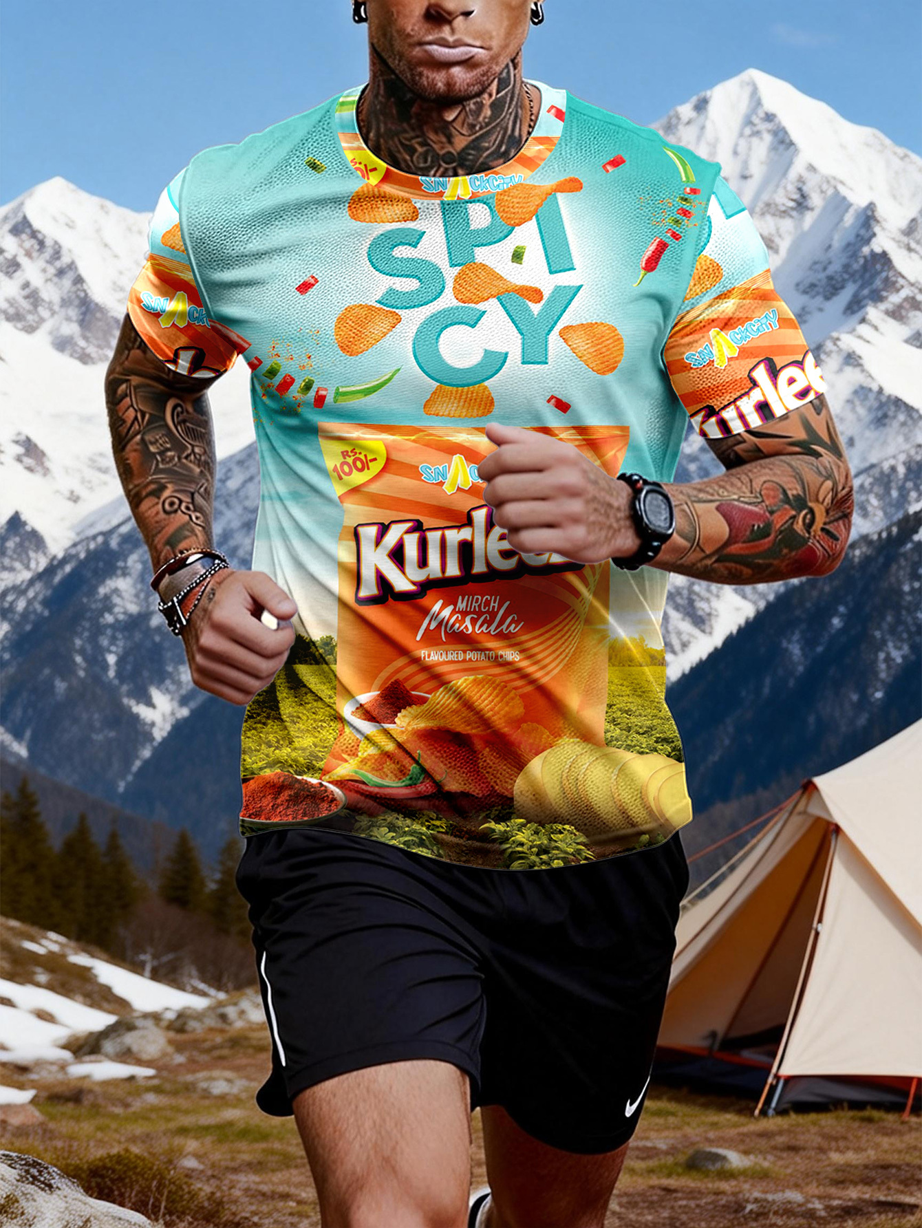 1pc striped masala spicy potato chips print breathable soft round neck short sleeve t shirt suitable for daily and outdoor activities a versatile casual style for all seasons, a must have for fishing enthusiasts