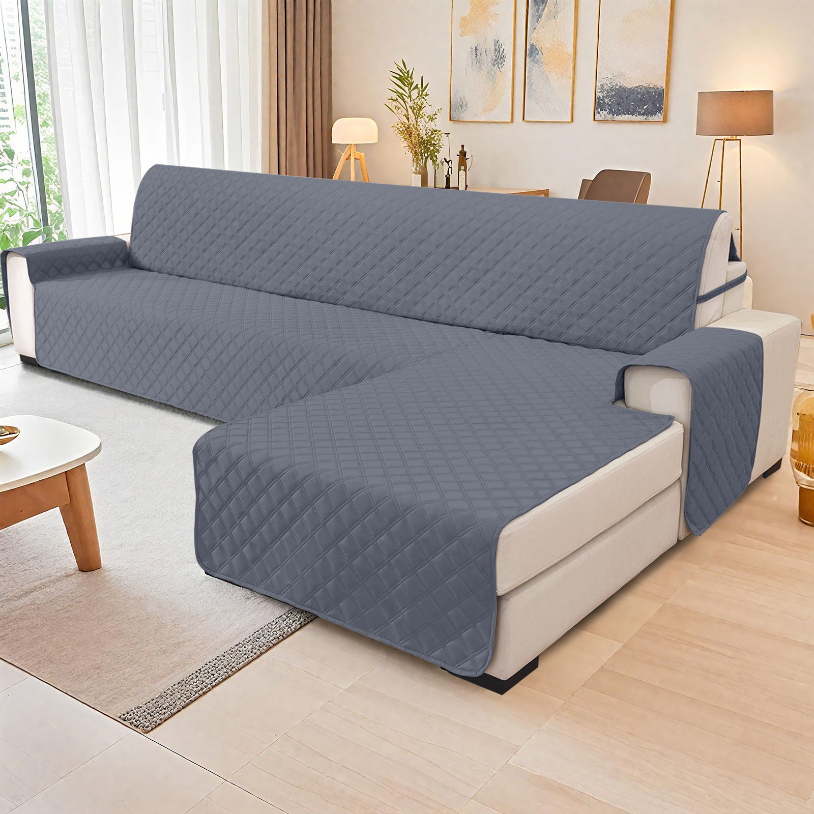 Image of Ystyle Solid-color Double-line Checkered Sofa Cover-simple And Elegant, Pet-scratch Resistant, Suitable For L-shaped Sofa Combinations Room, Perfect For With A Non-slip Design.