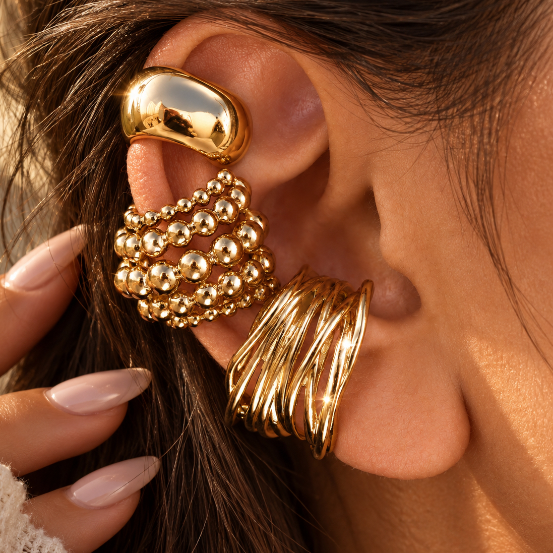 TEMU Set Of 3 Unisex Vintage Mixed Golden Geometric No-piercing Clip-on Earrings, Featuring Polished, Brushed, And Small Beaded Designs, Suitable For