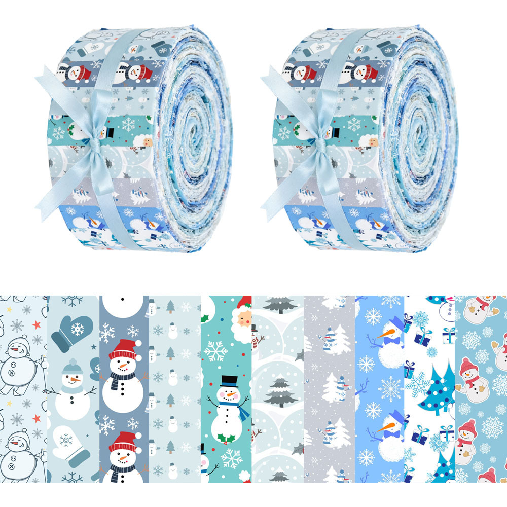 TEMU 40pcs (6.5 * 50cm/2.55 * 19.7inch) Blue Snowman And Snowflake Themed Knitted Fabric Printed Fabric, Fabric For Handmade Projects - Used For ,