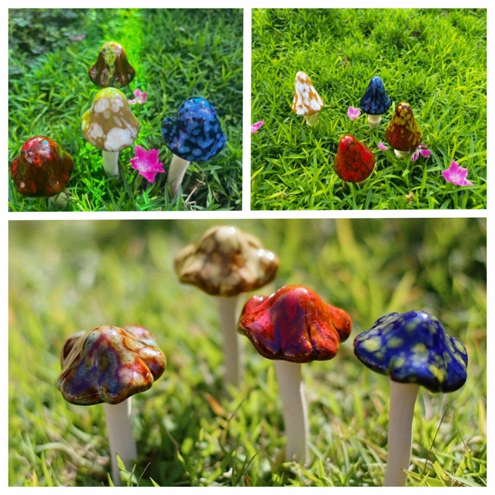 Image of 12pcs Colorful Ceramic Mushroom Garden Stakes Outdoor Decorations For Garden Yard Diy Craft Supplies Plant Bonsai Micro Landscape Decoration Party Gifts Lawn Outdoor Art Decoration