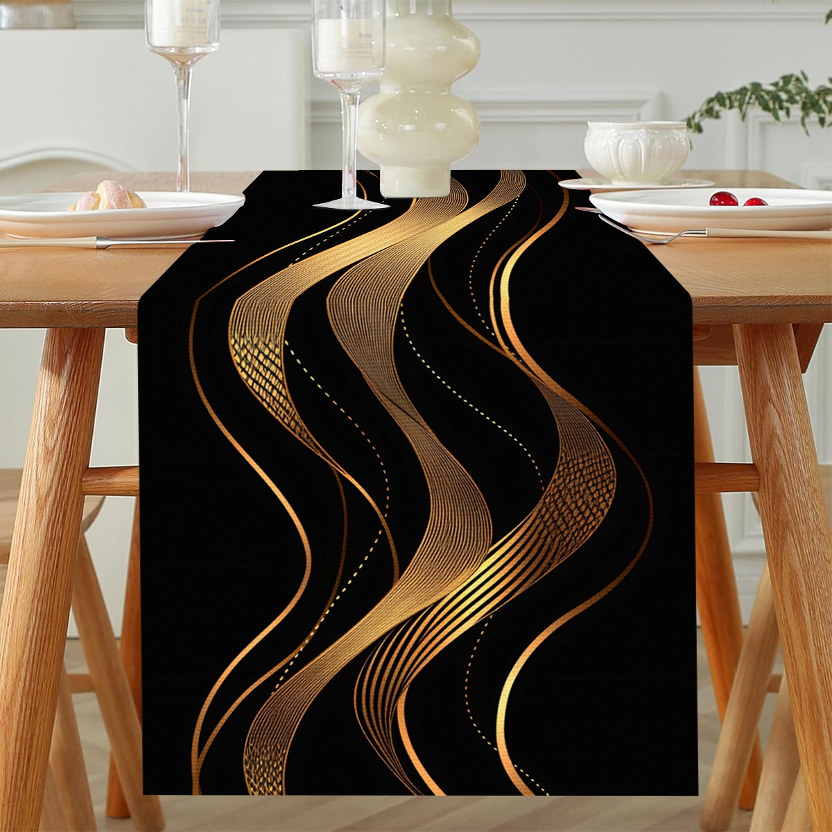 

Elegant Black And Golden Abstract Art Table Runner, 100% Polyester, Woven Rectangle Table Decor, For Valentine's Day And New Year's Festive Dining