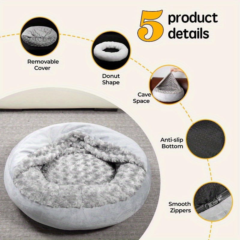 small dog bed with removable washable cover - plush donut pet bed, non-slip bottom, soft cushioned interior, easy-clean crate for puppies, french  , chihuahuas - indoor/outdoor use, space-saving design - ideal for apartments, homes with multiple pets - gray, puppy bed,   furniture, durable pet furniture,  , indoor outdoor bed, stylish pet furniture,   pet furniture Product details 5