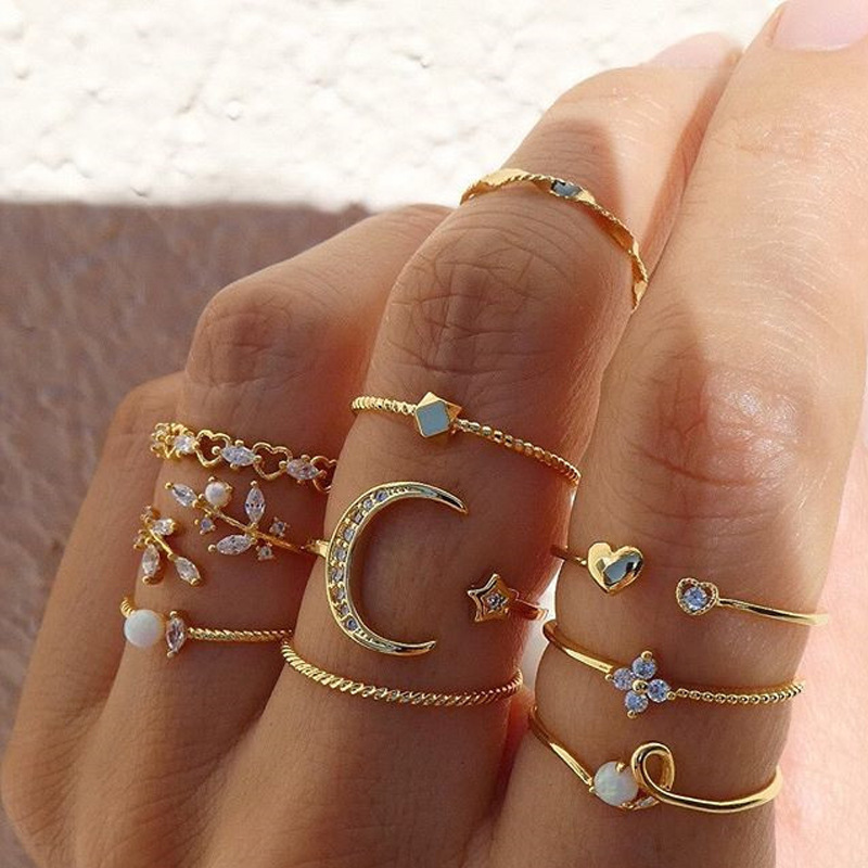 TEMU Juego de 10 anillos de chapados para mujer - 10 piezas de anillos de dedo apilables con pedrería, adecuados para uso diario y fiestas, joyería