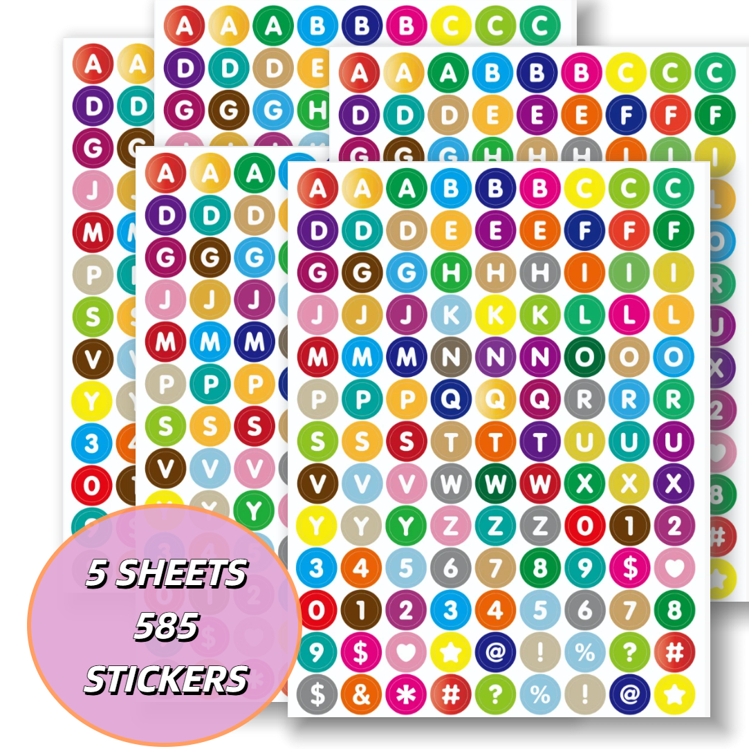 Image of 5-pack/585 Round Dot Alphabet And Number Stickers | Colorful Circle Decals, Suitable For Scrapbooking, Labeling, And Crafting | Alphabet Stickers, Suitable For Cards And Organizing